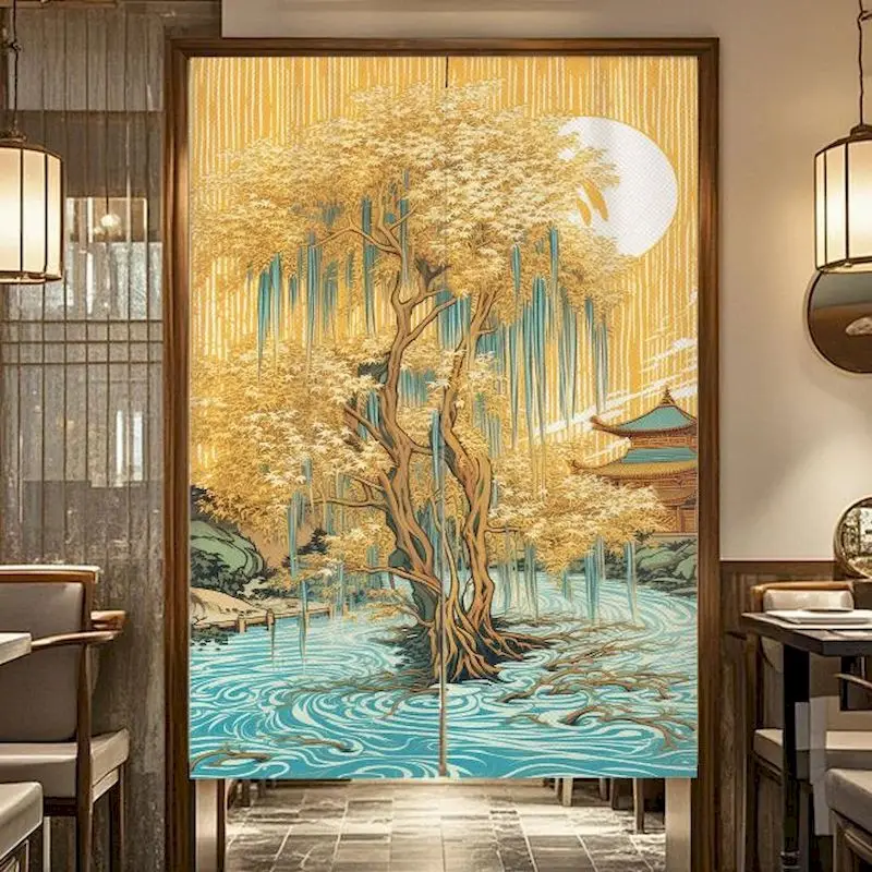 VIKAMA Cliff Pine & Landscape Door Curtain, 6 Designs, Polyester Noren Doorway Cover for Home