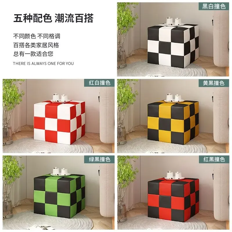 Simple Square Cube Stool Living Room Shoe Changing Stool Black White Green Grid Sofa Stools Makeup Low Stools Ottomans Vanity