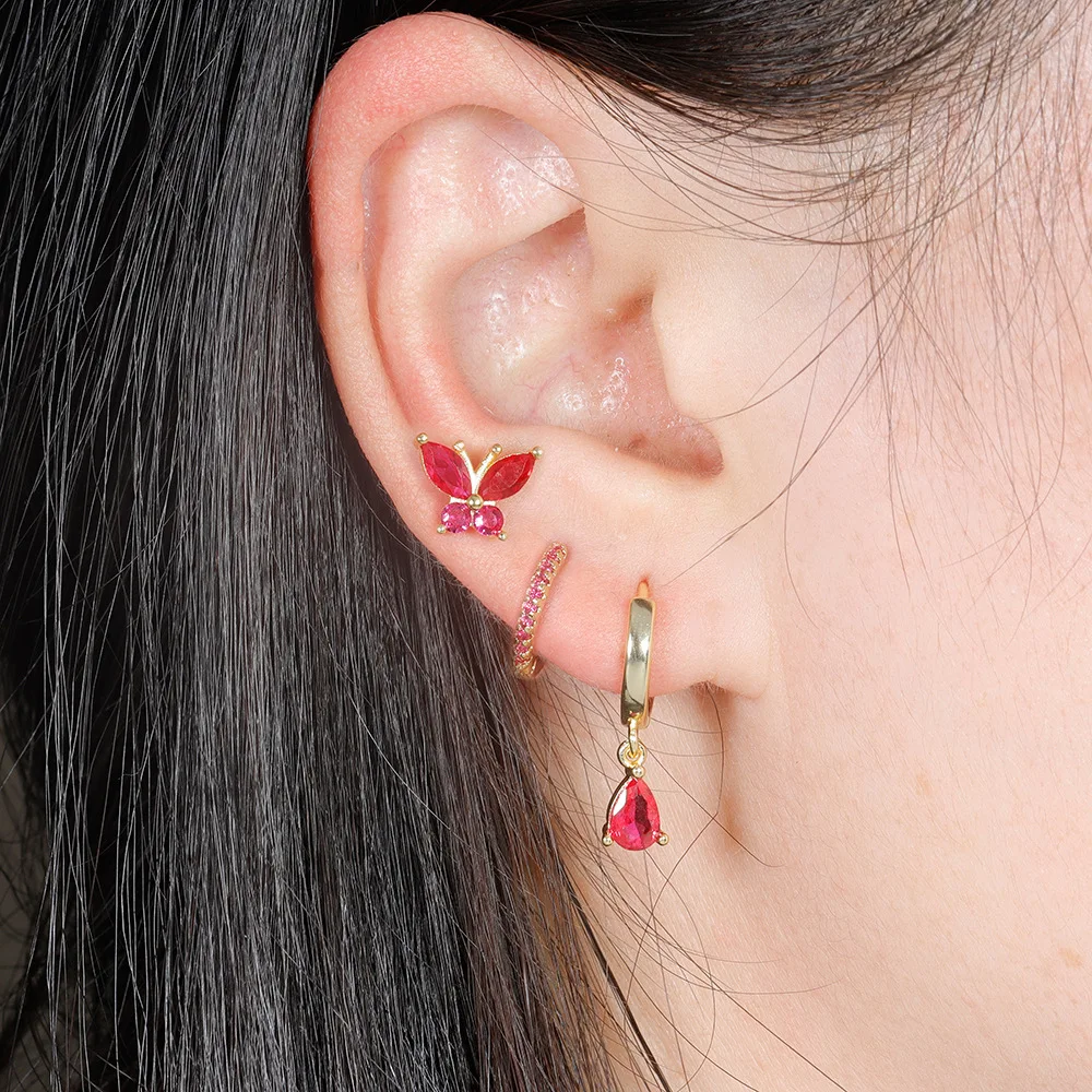 3PCS Women\'s Earrings Set Tiny Crystal Zirconia Water Drop Pendant Little Huggies Hoop Earring Cartilage Piercing Jewelry