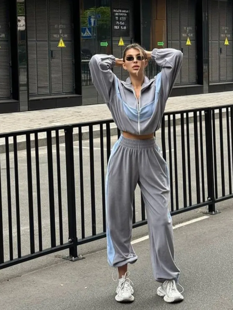 Fashion Lapel Long Sleeve Zipper Sweatshirt Coat + Tying Pant 2-piece Set For Women Autumn Color Block Casual Sports Suit Female