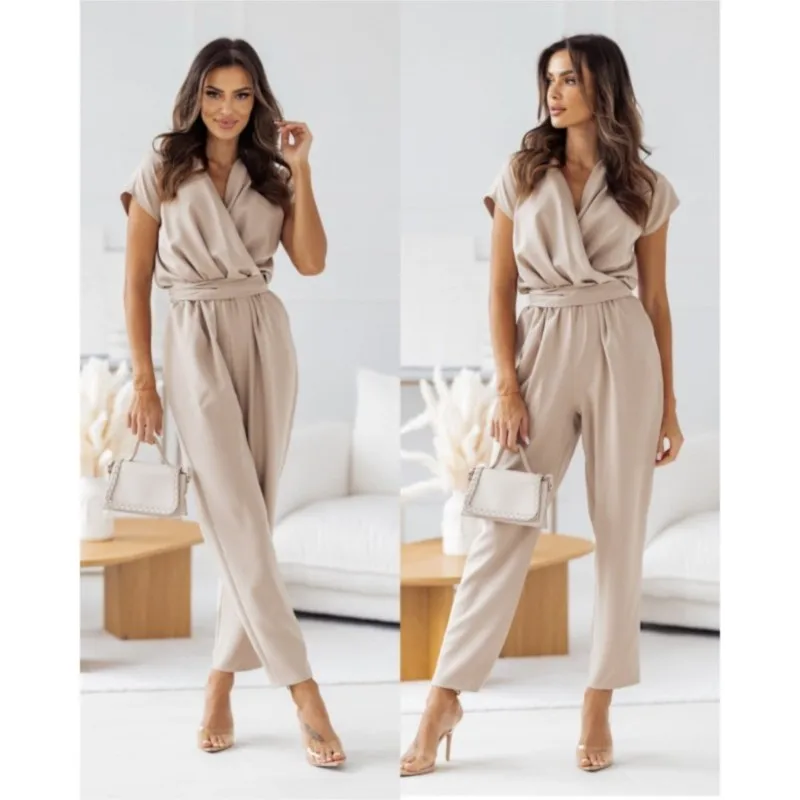 

Women's New Short Sleeved Jumpsuit Pants With Elegant European And American Summer Style, Solid Color Slim Fit Women's Clothing