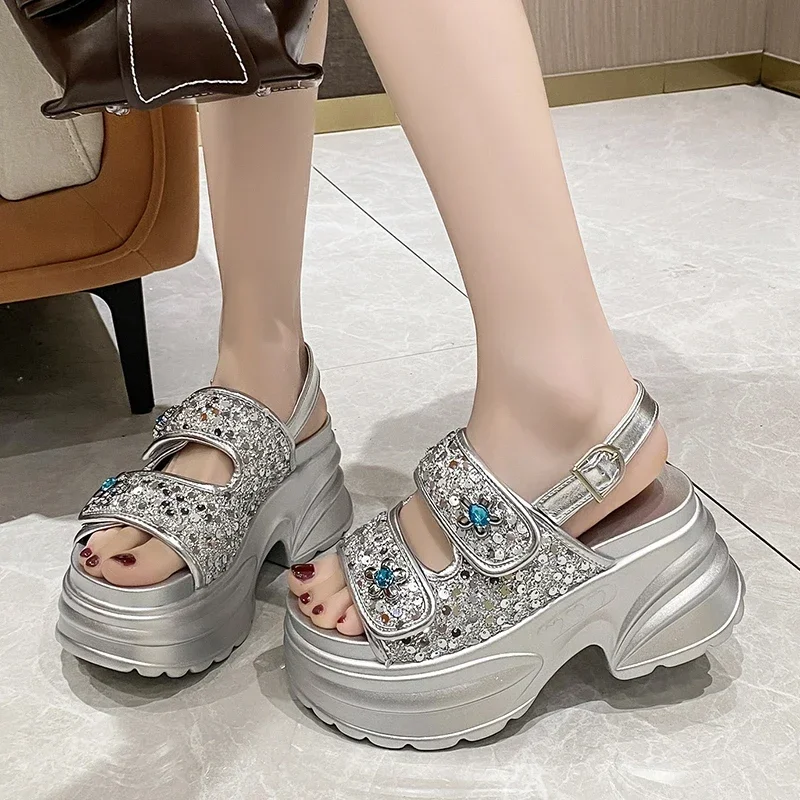 8.5CM Chunky Platform Bling Rhine Stone Sandals Women High Heels Non-slip Slipper Wedge Sneakers Woman Beach Summer Slides Shoes_voghion.com