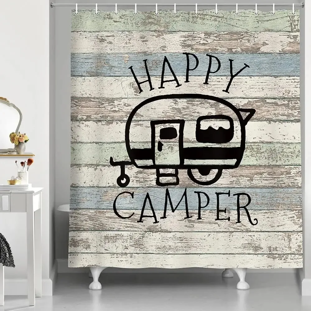 

Занавеска для душа с принтом Happy Campers в стиле ретро, деревенский стиль, маленький размер, для декора ванной комнаты