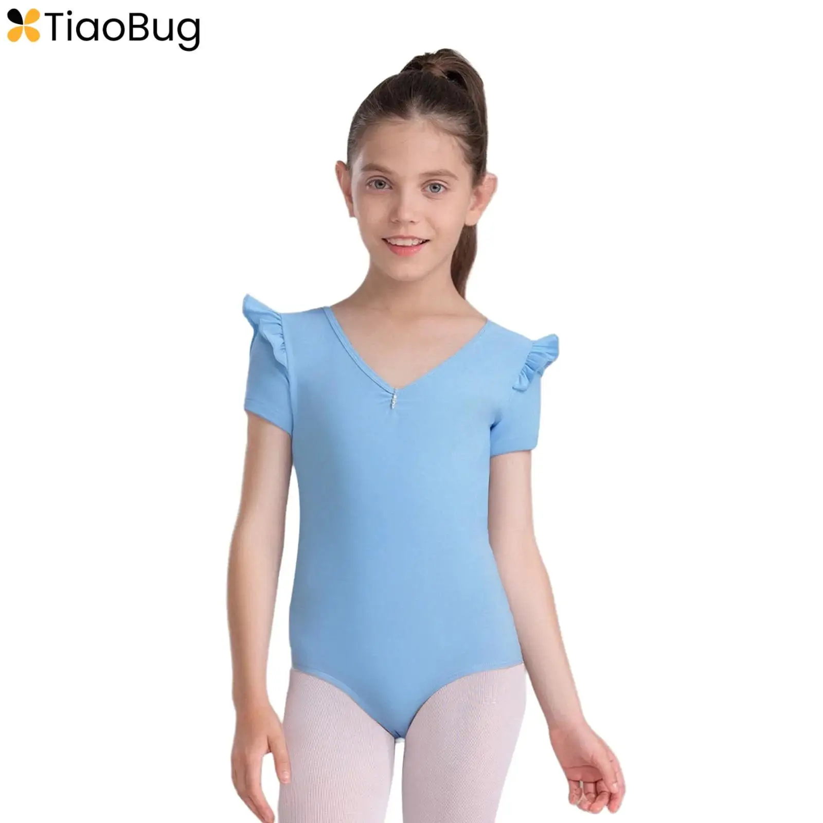 

Girls Ballet Dance Leotard Soft Cotton Cute Ruffle Short Sleeve V-Neck Ruched Bodysuit for Practice Examination Performance