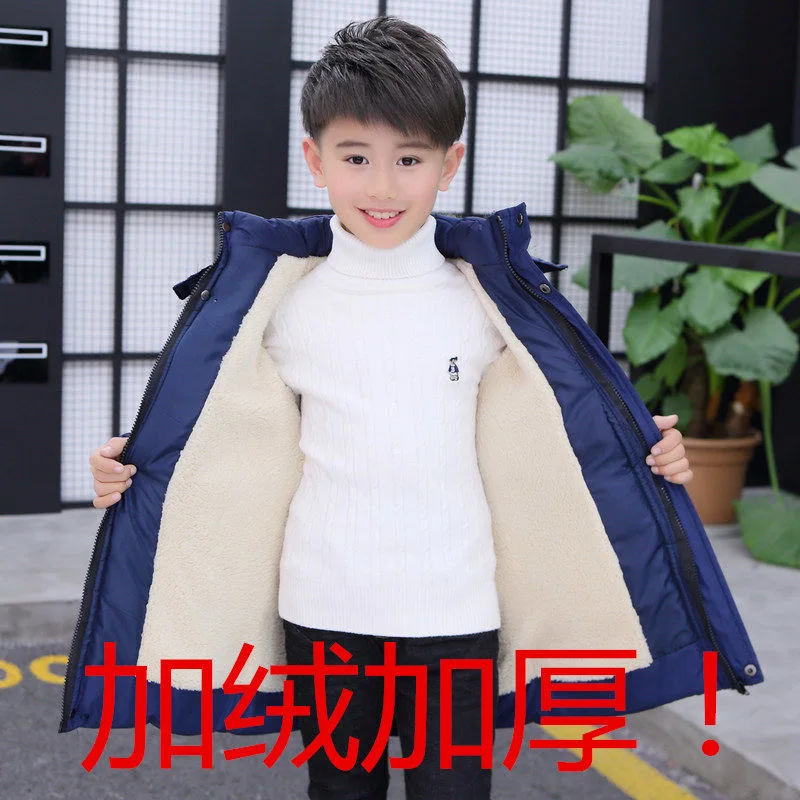 4 6 8 10 12 14 Years Big Boys Jacket Autumn Winter Plus Velvet Warm Teen Kids Jackets Fashion Mid-Length Zipper Hooded Boys Coat