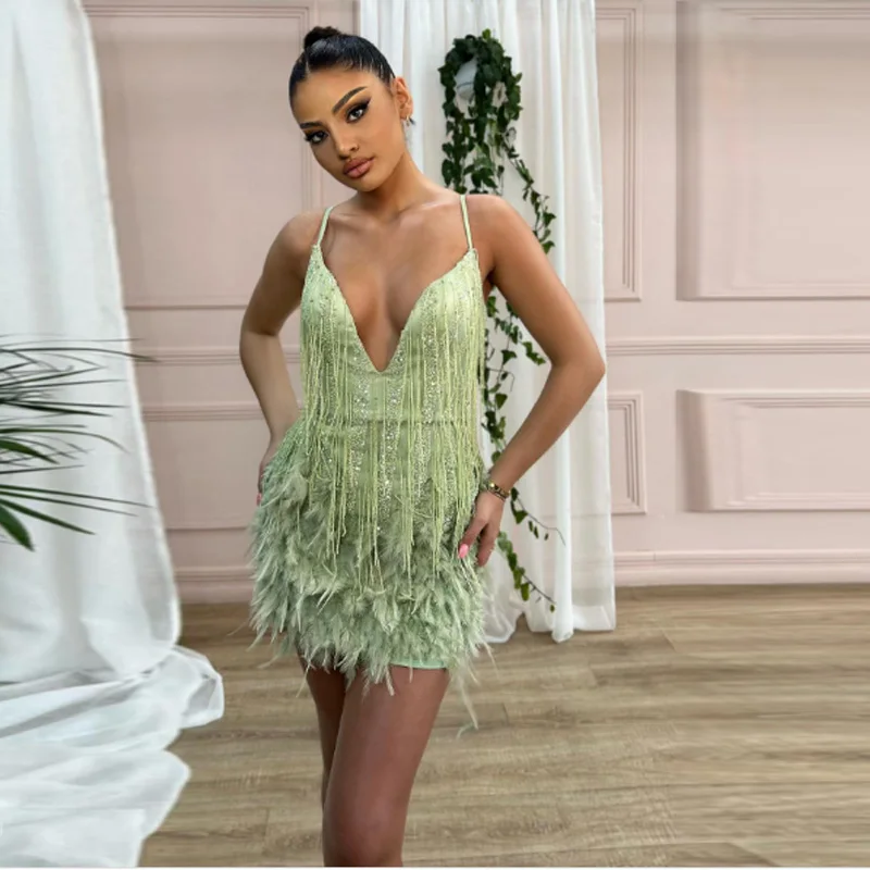 

Сексуальное платье для выпускного вечера с v-образным вырезом и блестками по индивидуальному заказу, блестящее вечернее платье с кисточками, мини-платья на бретельках, Vestidos