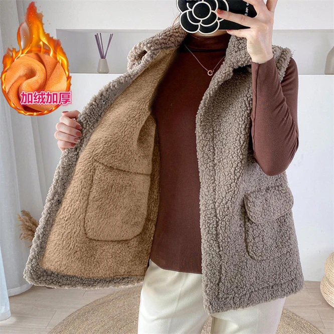 

2021 Winter Imitation Lamb Wool And Plush Thickened Women's Vest Korean Version Versatile Girls' Vest For Casual Warmth Khaki