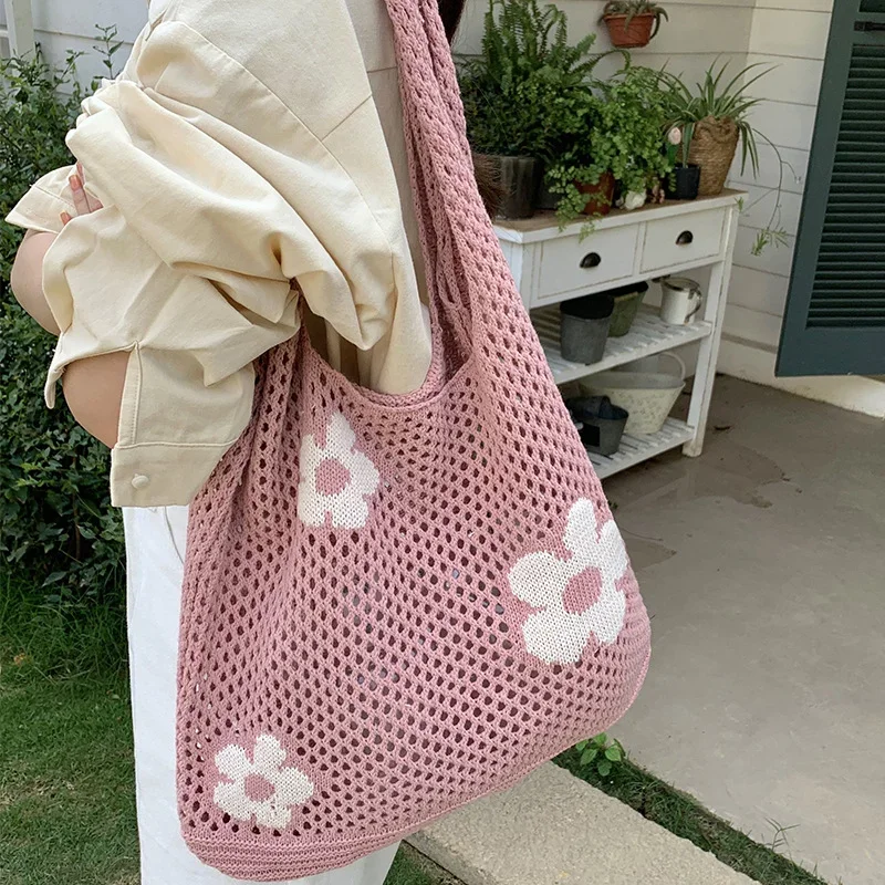 Sweet Memory Flower Knitted Hollow Tote Bag Large Capacity Shopping Bag Ladies Simple Retro Shoulder Bag Handbag for Women