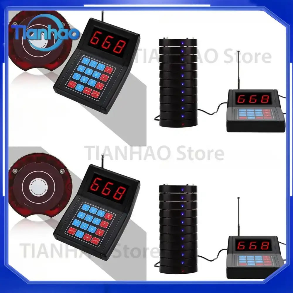 Wireless Restaurant Waiter Coaster Paging System with Service Buzzer for 1 Keyboard 10 Pagers and 1 Charger