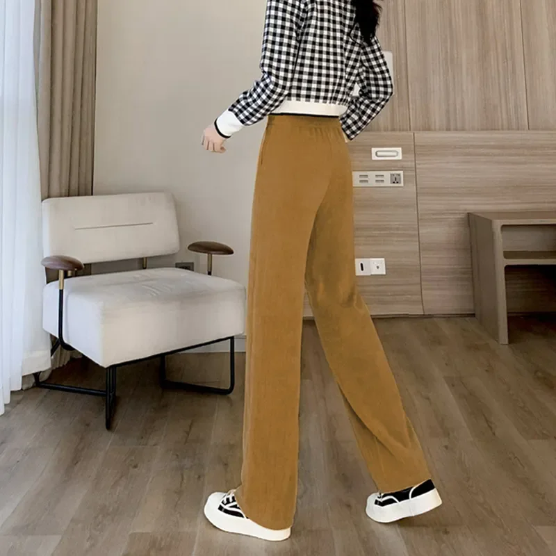 Solid color high-waisted corduroy wide-legged pants Ms. autumn and winter new Korean version of the padded warm loose large size