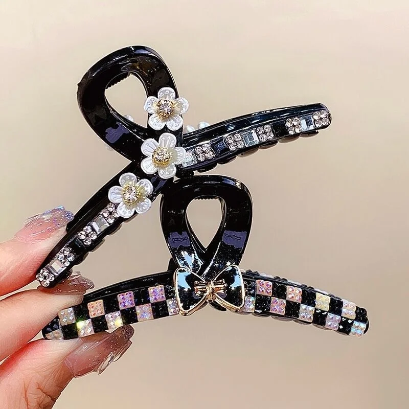 Luxury Black Checkerboard Hair Claws Fashion Rhinestone Flower Hair Clips Vintage Hairgrips Hairpins For Women Hair Accessories