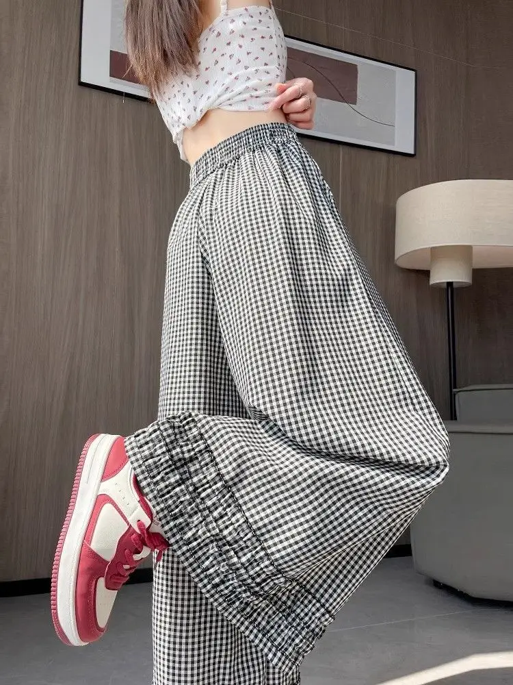 Women Summer Linen Trousers 2026 New Collection High Waist Plaid Wide Leg Pants Casual Loose Korean Fashion