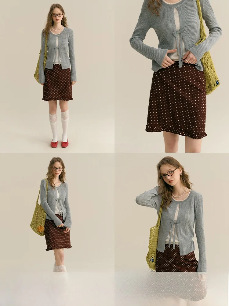 

Rina Berry Wine Red Polka Dot Slim Fit Midi Skirt Wooden Design Gentle Versatile Spring Season A-Line Skirt