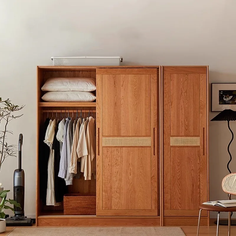 

Casement sliding door wardrobe all solid wood cherry wood rattan home bedroom Nordic Japanese log storage
