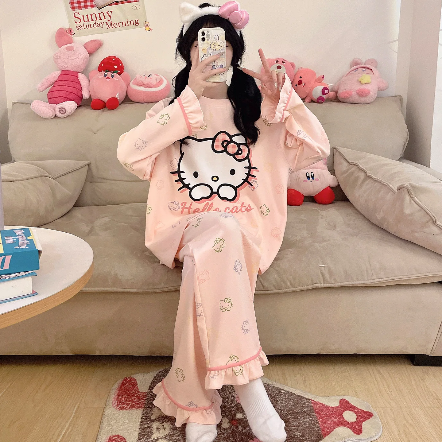 

Комплект из 2 предметов: пижама Hello Kitty и Cinnamoroll, женская домашняя одежда с длинными рукавами и брюками, аниме-стиль, для девочек и студенток