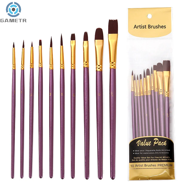 10Pcs/Set Nylon Hair Painting Brush Painting By Numbers Tool Brushes Watercolor Gouache Paint Brushes Different Shape Round Tip