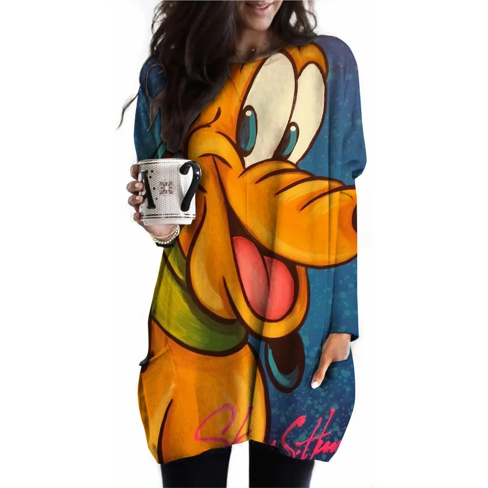 Women's long top Disney Goofy printed casual fashion pocket T-shirt long sleeved round neck waistband pullover casual loose top