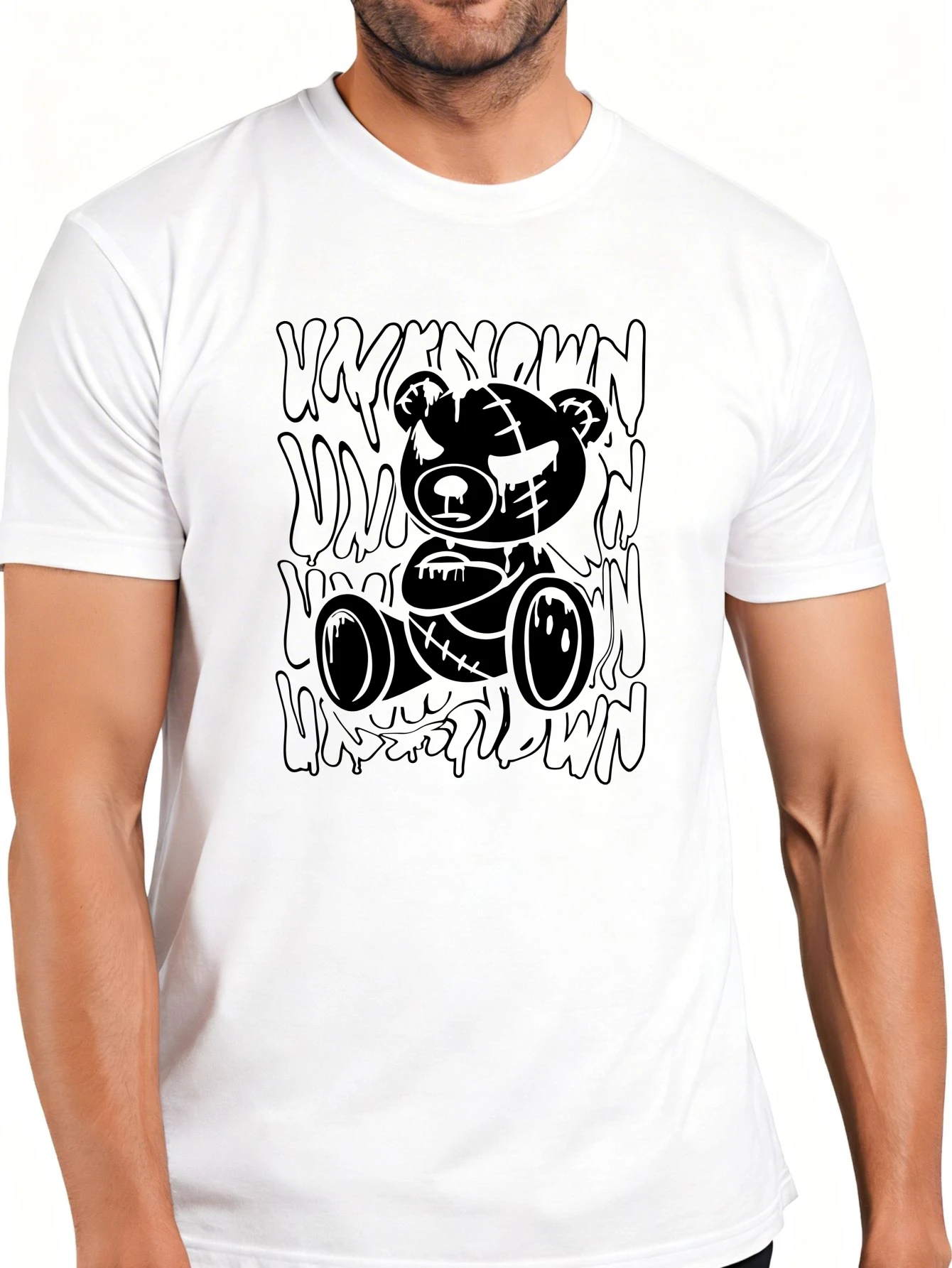 Casual Street Style Men's T-Shirt with an Unknown Graffiti Bear Design, Suitable for Everyday Wear and Summer Outfits, the Perfect Gift for Fashion Enthusiasts and Urban Art Lovers.