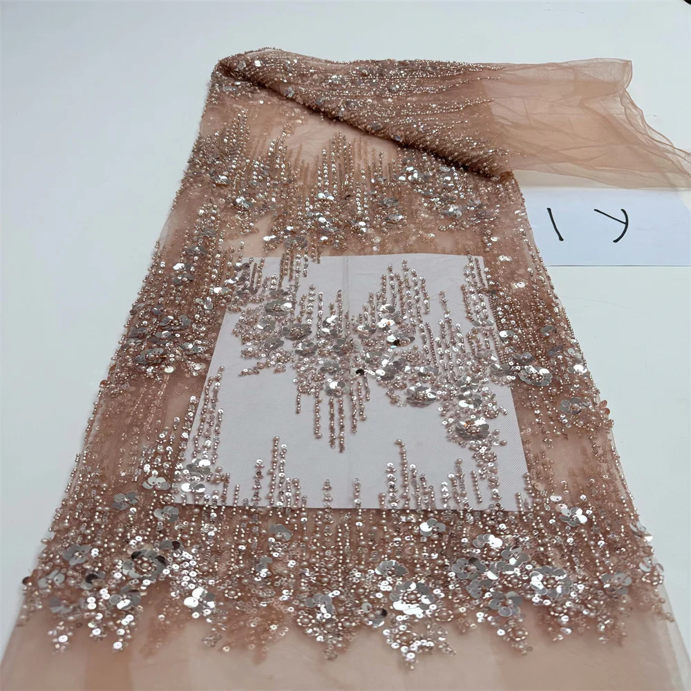 

1 Yards Luxury French Mesh Beaded Lace Fabric High Quality African Sequins Groom Lace Fabrics For Nigerian Wedding Dress