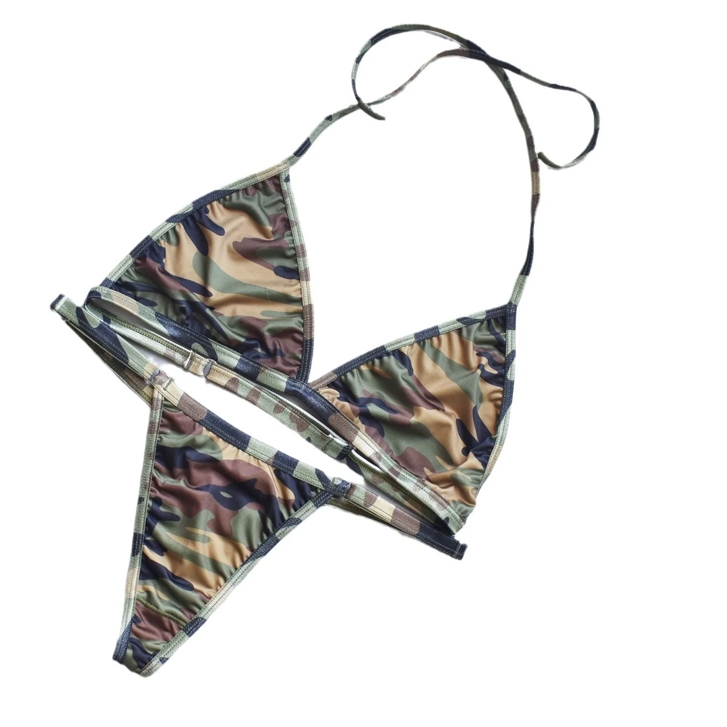 2-teiliges sexy Bikini-Set für Damen, dreiteilig, Camouflage, schnell trocknend, zum Umhängen am Hals, Badeanzug, Unterwäsche, Mädchen, Sommer, Meer, elastische Dessous