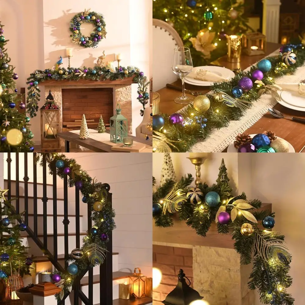 

9-Foot Pre-Lit Christmas Garland with Peacock Feathers and Balls for Mantel, Outdoor Xmas Decoration for Stairs, Fireplace, and