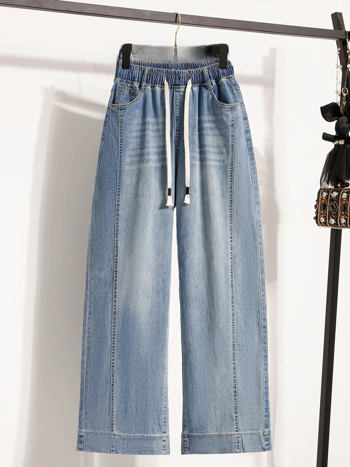 

Light Blue plus Size Straight Leg Denim Jeans Women's High Waist Belted Casual Wide Leg Pants Faionable Versatile Slimming ...