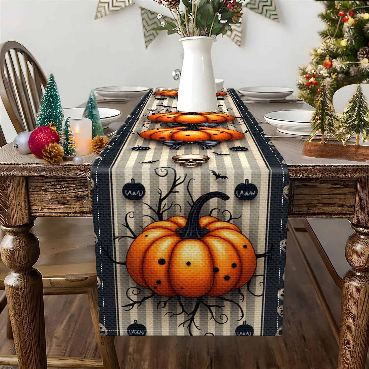 قطعة واحدة من مفرش طاولة الهالوين ذو الطابع الداكن، مزين بأنماط اليقطين والجمجمة والخفافيش، مناسب لحفلات الهالوين والديكورات الداكنة #2