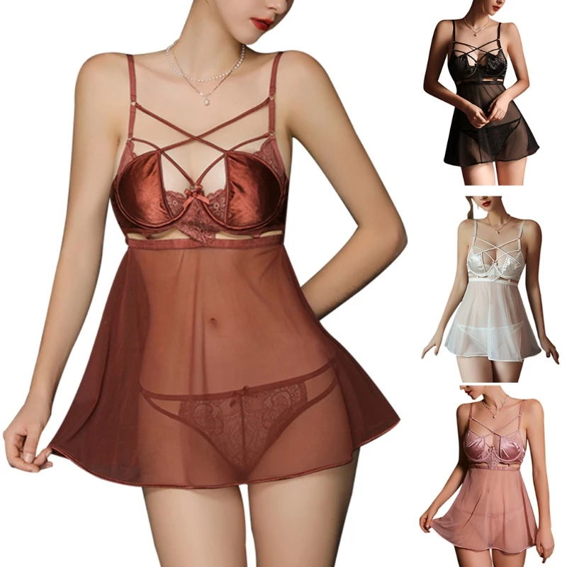 

Women Sexy Sheer Mesh Mini Lingerie Dress with Lace Panties Set Hollow Out Backless Nightgown Sleepwear