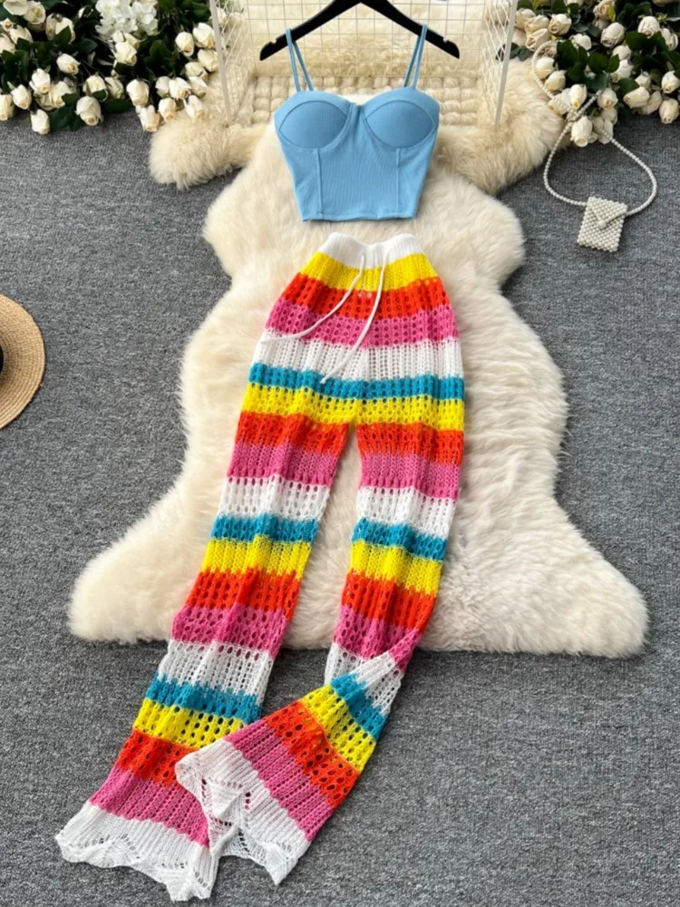 Women Summer Sexy Sleeveless Short Strap Tops Hollow Out Knitted Colorful Stripes Long Flare Pants Boho Beach Two Piece Suits