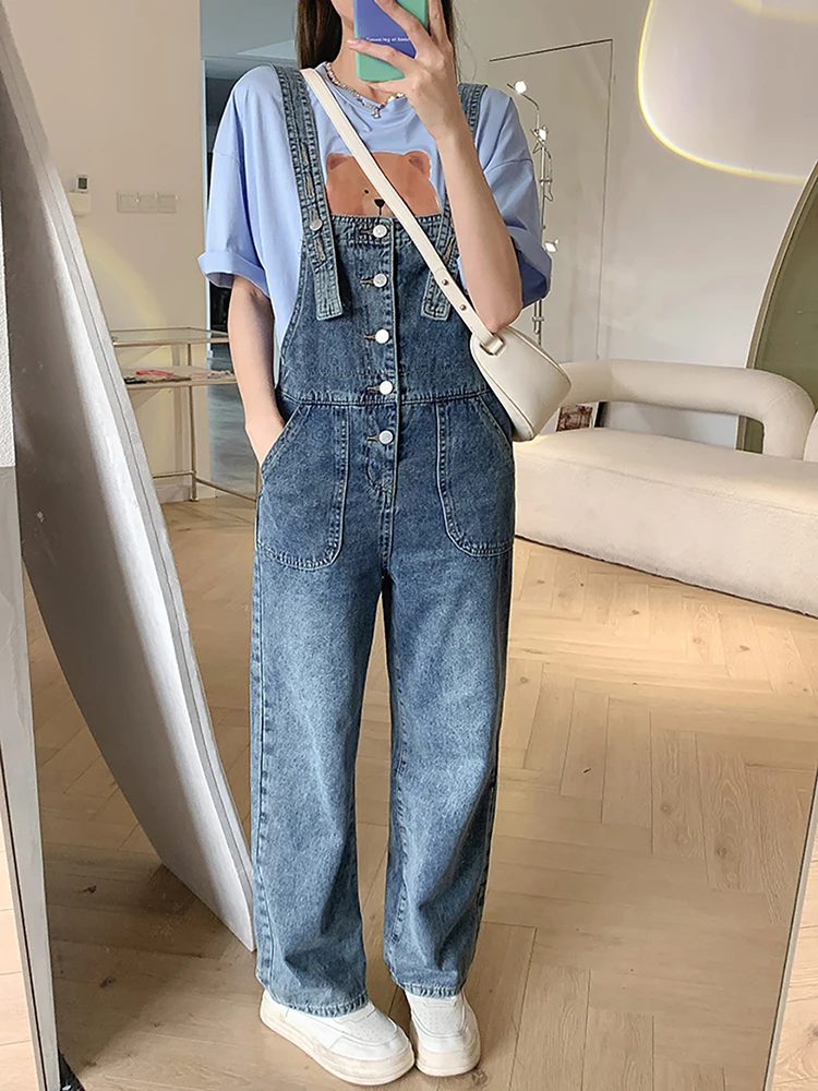 

Casual Loose Women Overalls Retro Blue Denim Pants Single-Breasted Buttons Suspender Strap Jeans Summer Female Jumpsuit