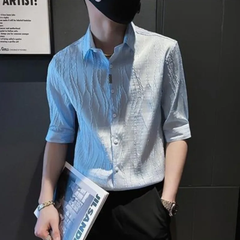 Men's Versatile Menswear Summer Trendy Half Sleeve Complete Two Piece Shirt Set for Daily Wear view 4