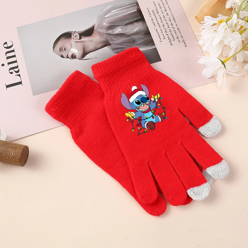 Disney Stitch Girl Gloves Anime Cartoon Christmas Print Finger Glove Kawaii Winter Warm Outdoor Riding Accessories Xmas Gifts