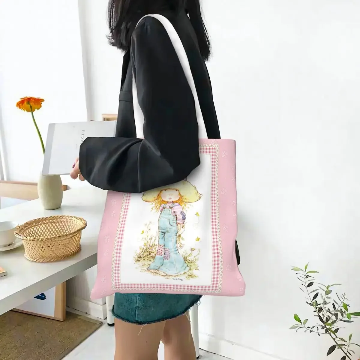 Cute Sarah Kay Girl Cartoon Linen Handbag Tote Bags Merch Trendy for Woman Country Art Village Aesthetics Shoulder Bags