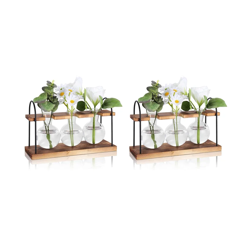 

2X Plant Propagation Station With Wooden Stand,Plant Terrarium Desktop Propagation Stations,Air Planter Bulb Glass Vase-AT36