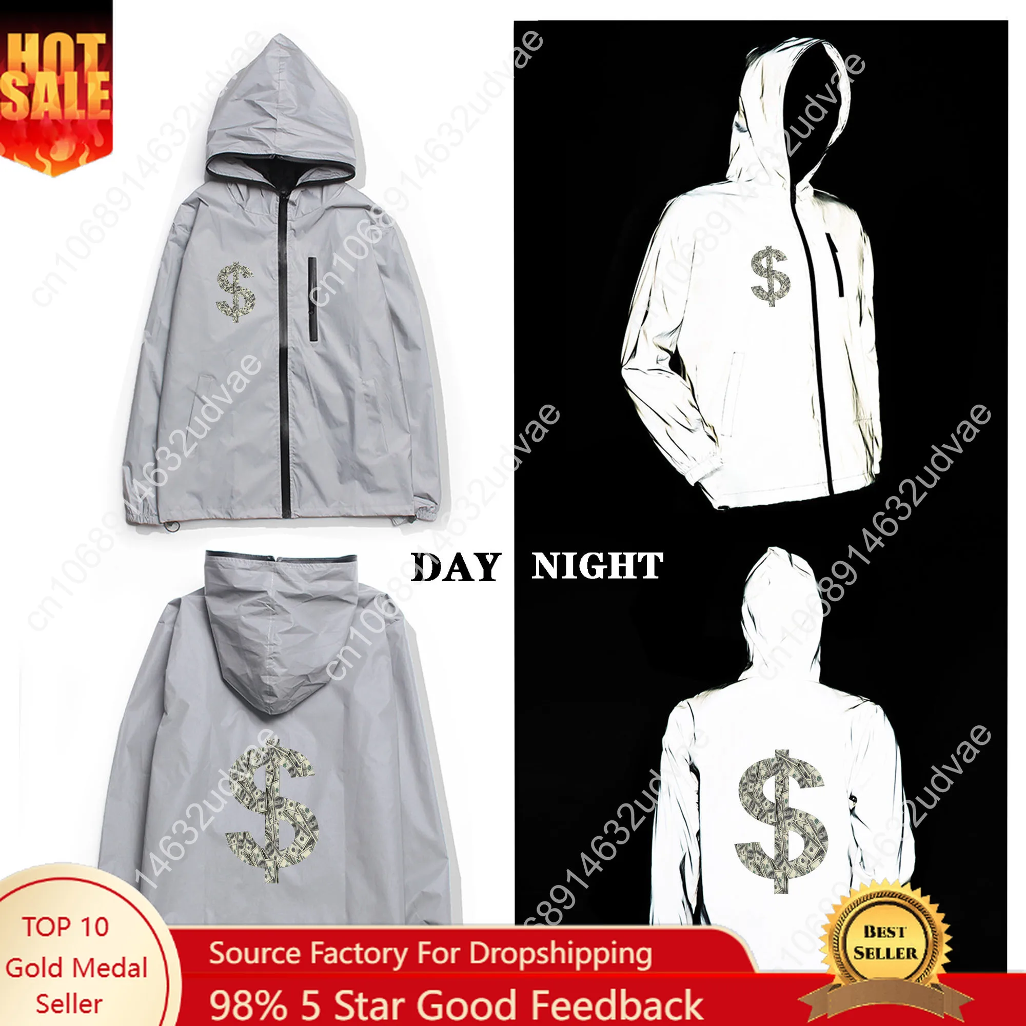 Dollar Printed Custom Reflective Jacket Mens Womens Coat Hooded Windbreaker Run Jackets Cycling Hiking Zipper Custom Hoodie