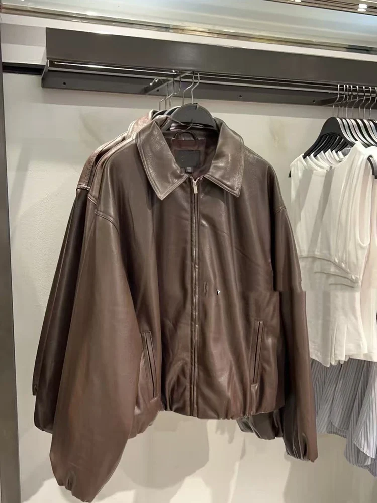 Autunno 2025 Cappotto da donna in pelle allentata casual Jaet con colletto da pilota per pendolari Cappotto da donna in pelle PU Faion