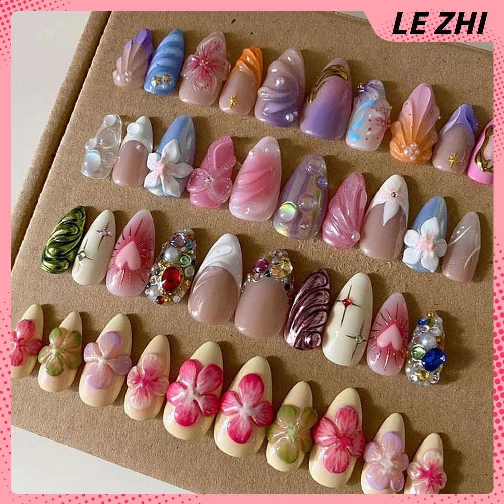 

Handwork 3D Gel French Press On Nails Party Sticker Romance Flower Gel Shell Bow Diamond Almond Custom Fake Nails Party Sticker