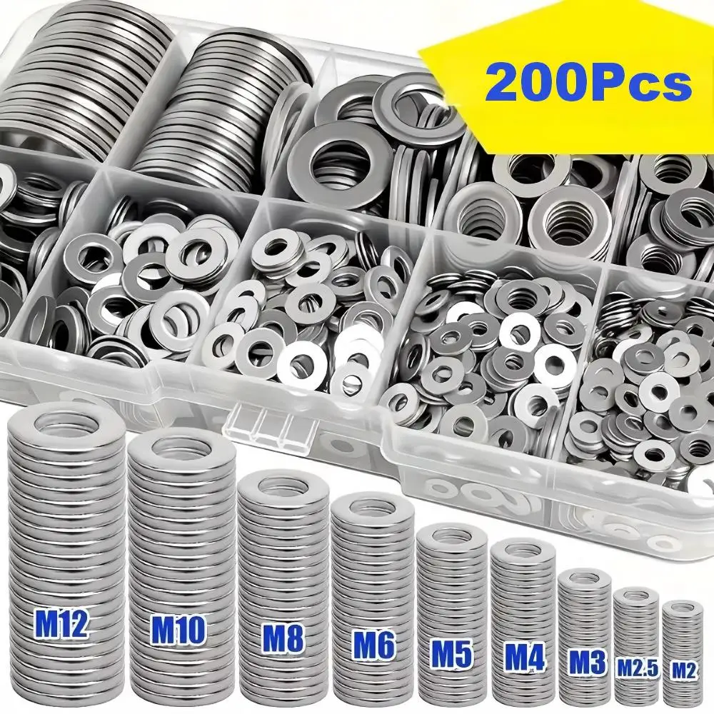 200pcs Stainless Steel Flat Washers Set (M2-M12) – Home DIY, Industrial Repair, Kitchen Decoration & Outdoor Maintenance