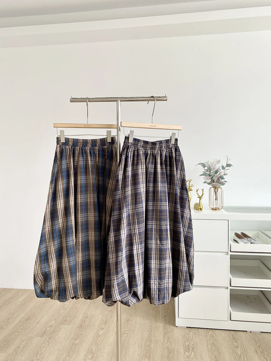 

Юбка с высокой талией в клетку с рюшами, женская, приталенная, средней длины, весна-осень, новый стиль, корейский ретро-дизайн, универсальная, скрывающая бедра