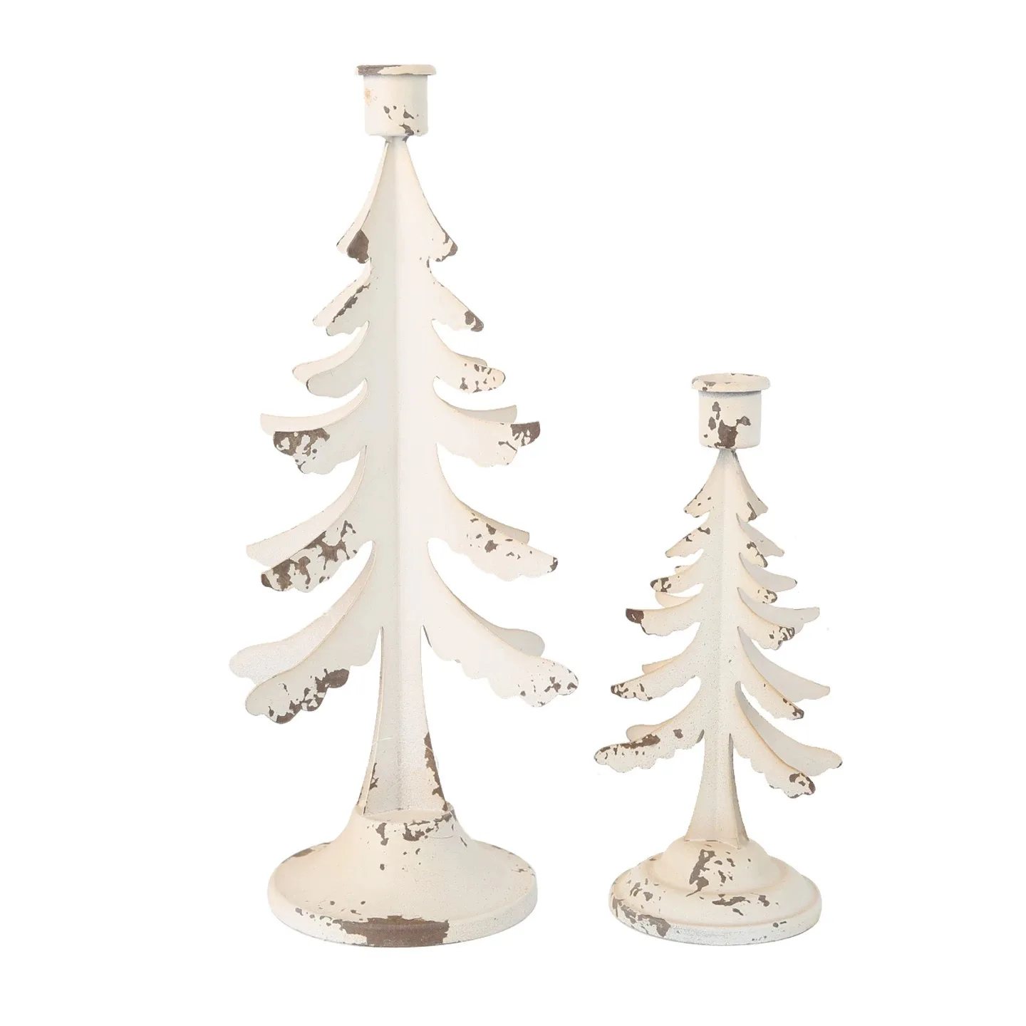 

Vintage Style Christmas Tree Candle Holder, White Distressed Metal Pine Tree Design,Holiday Decorative Candlestick,, Set of 2