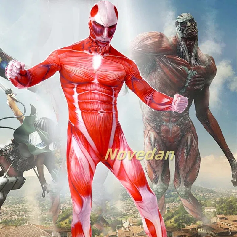 

Adult Kid Attackon Titan Costume Colossal Titan Superhero Cosplay Costume Men Boy Halloween Bodysuit Muscle Jumpsuit Zentai Suit