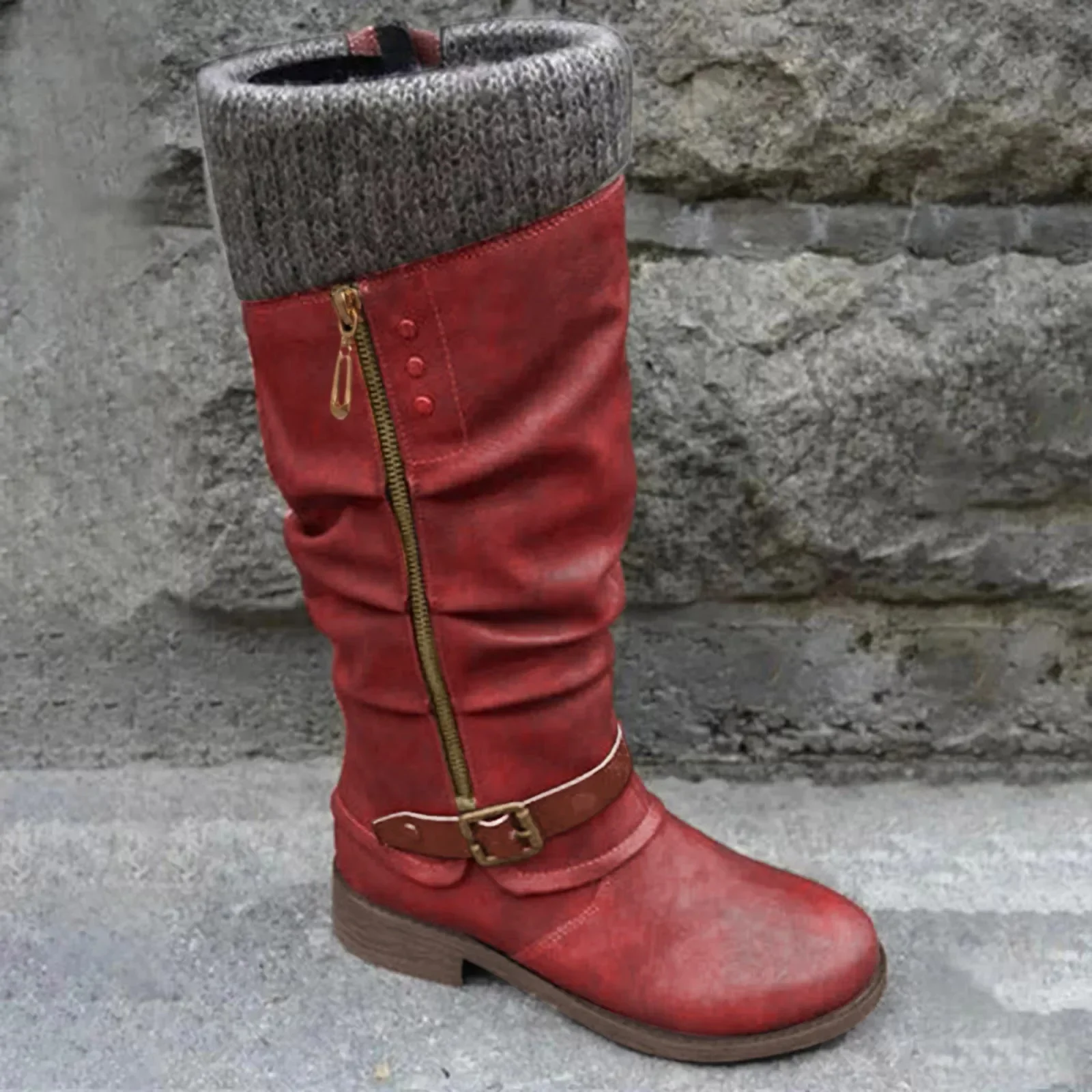 Vintage Women Boots Round Toe Casual Knee High Boots Autumn Winter Fashion Warm Ladies Shoes Solid High Quality