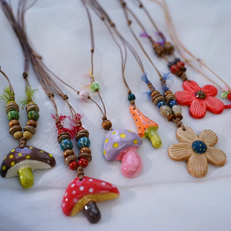 

Cute Ceramic Mushroom Pendant Rope Necklaces Hand-painted Ceramic Small Flower Charm Necklaces Fashion Sweater Chain Necklaces