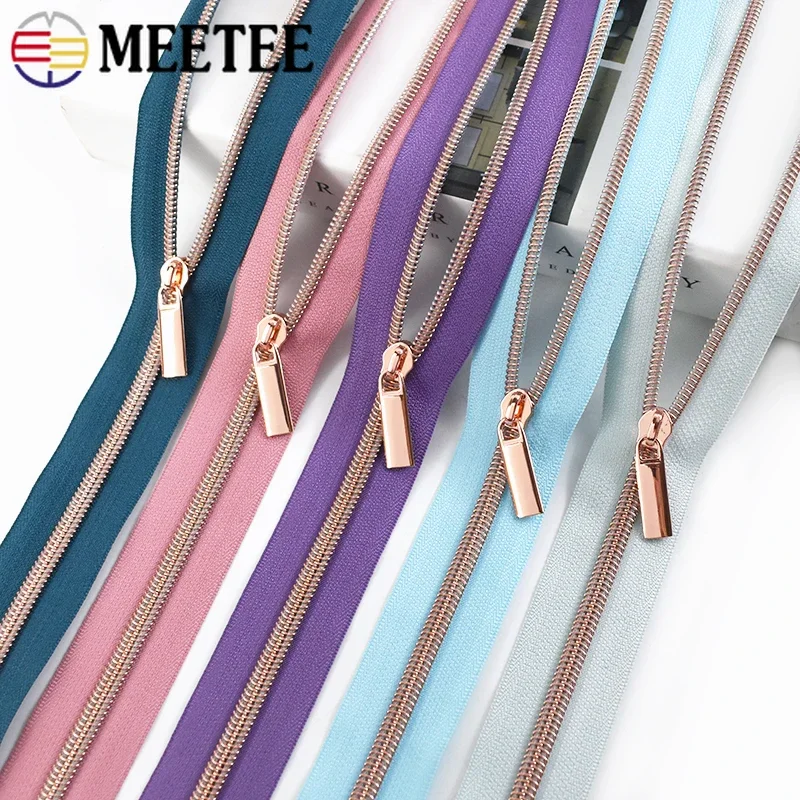 Meetee 2/3/4/5M 5# RoseGold Zipper Tape+Zippers Slider Puller Bag Pocket Sewing Closure Zip Coil Clothing Zips Head Accessories