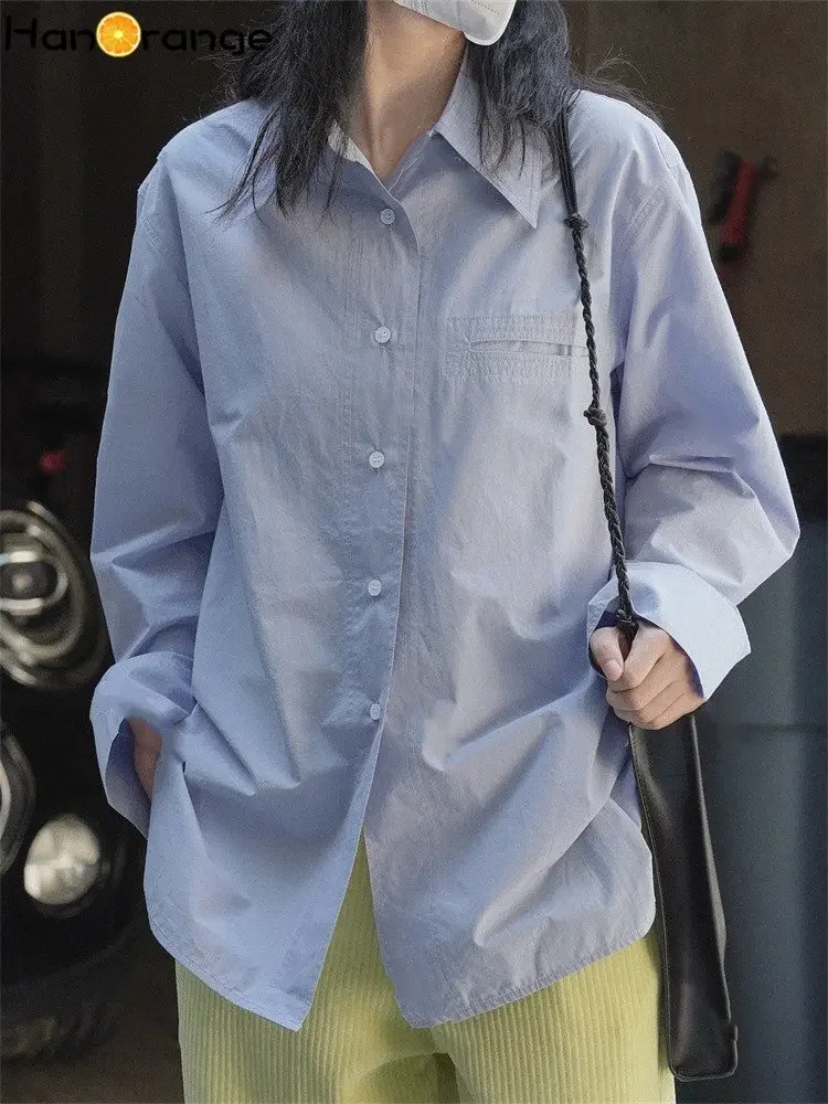 

HanOrange 2026 Early Spring Simple Commuter Silhouette Lapel Shirt Women Loose Comfortable Casual Top Female White/Blue