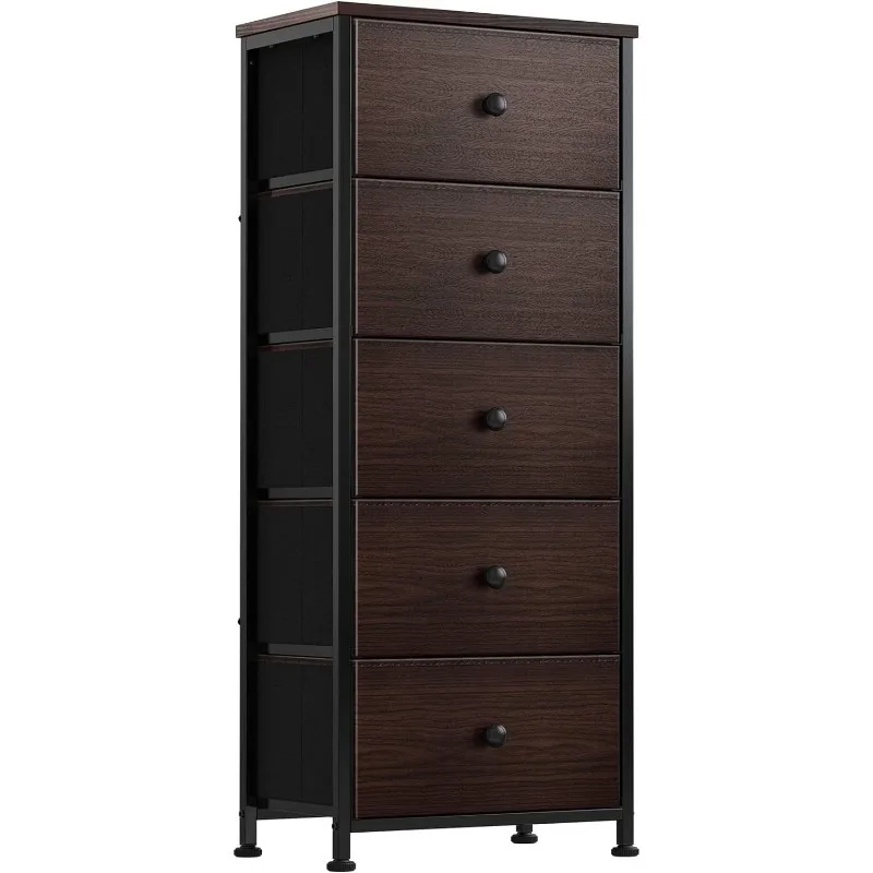 

5 Drawer Dresser for Bedroom Faux Leather Chest of Drawers Closets Large Capacity Organizer Tower Steel Frame Wooden