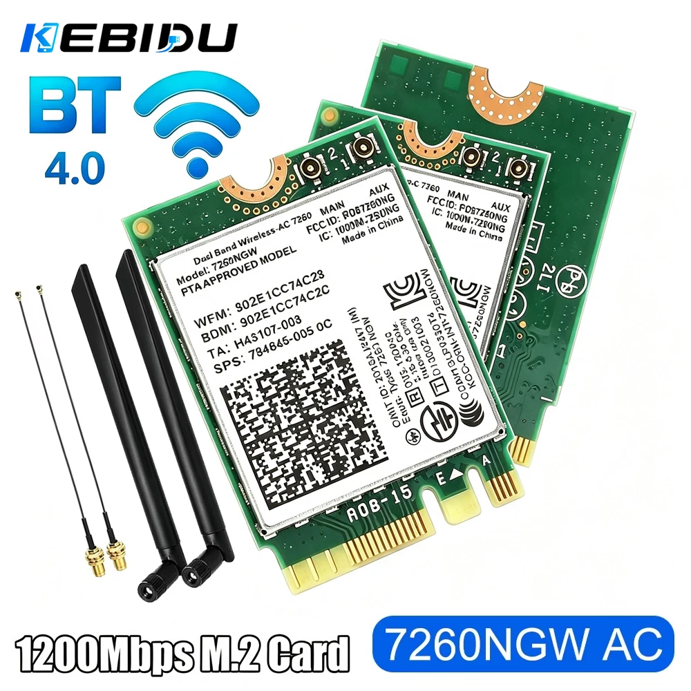KEBIDU 7260NGW M.2 WiFi Card 1200Mbps Dual Band 2.4G 5GHz BT4.0 802.11AC Wireless Adapter With Antenna For Laptop Desktop PC