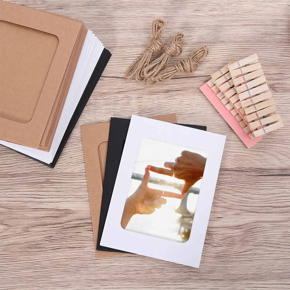 30Pcs Kraft Paper Photo Frames Hanging Wall Display 7 Inch DIY Clips Hemp Rope for Wedding Table Photo Decoration Creative