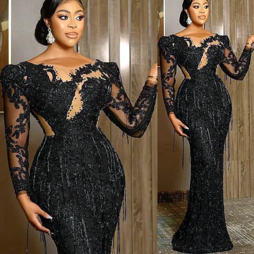 

Plus Size Black Luxurious Sheath Prom Dresses Lace Beaded Sheer Neck Evening Formal Party Second Reception Gowns Dress