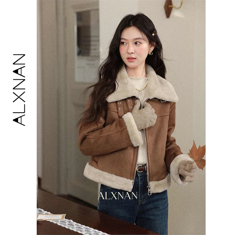

ALXNAN Women's Winter Jacket 2025 New Warm Faux Fur Lined Brown Short Coat Ladies Loose-fit Zipper Thick Outerwear Female L59658